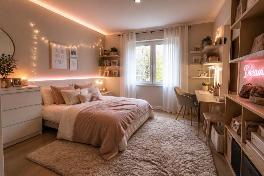 Aménager une chambre ado fille moderne et cocooning avec éclairage LED