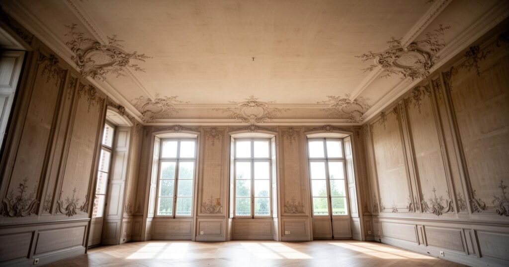 Salon ancien orné de moulures et de décors en stuc