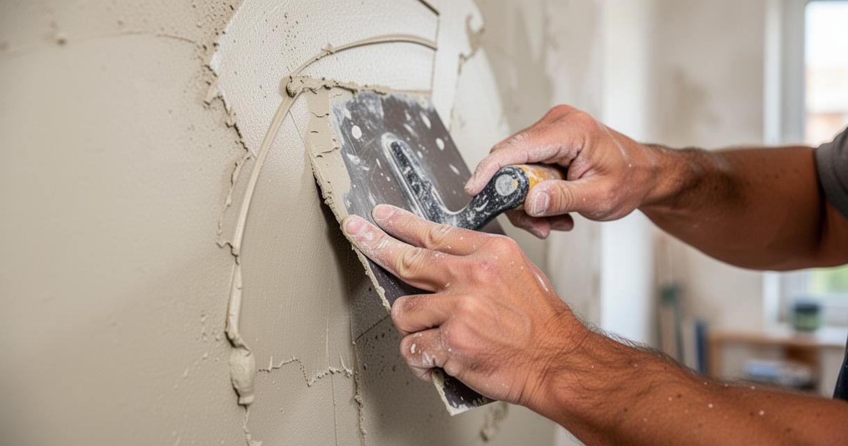 Artisan stucateur appliquant un enduit au platoir sur un mur